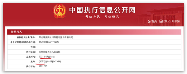 陽(yáng)光城集團(tuán)蘭州梨花島置業(yè)被列為被執(zhí)行人，執(zhí)行標(biāo)的約121萬(wàn)元